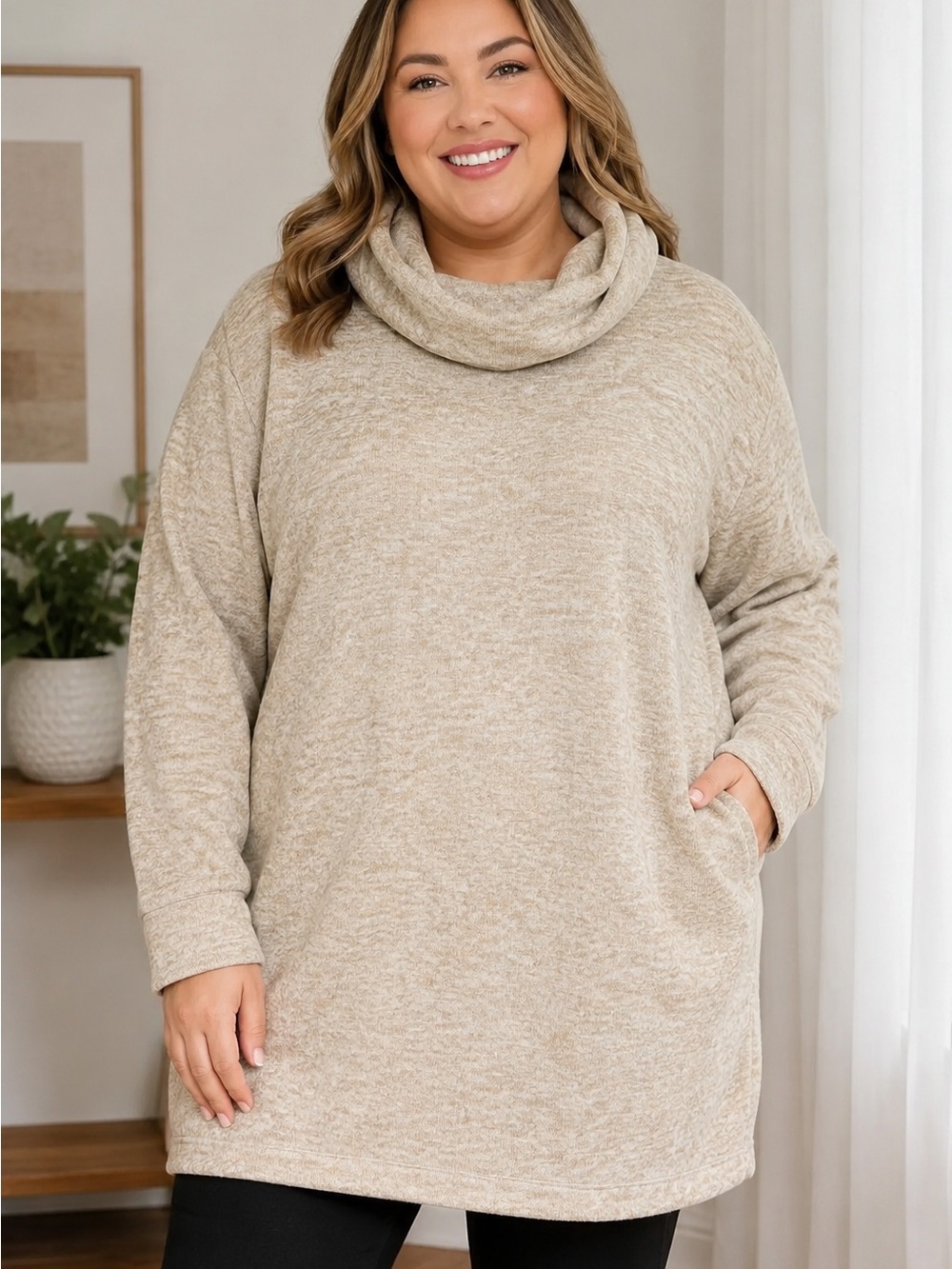 Land's End 1X Beige Cowl Neck Tunic Sweatshirt Plus Size 16W 18W Soft
Cozy